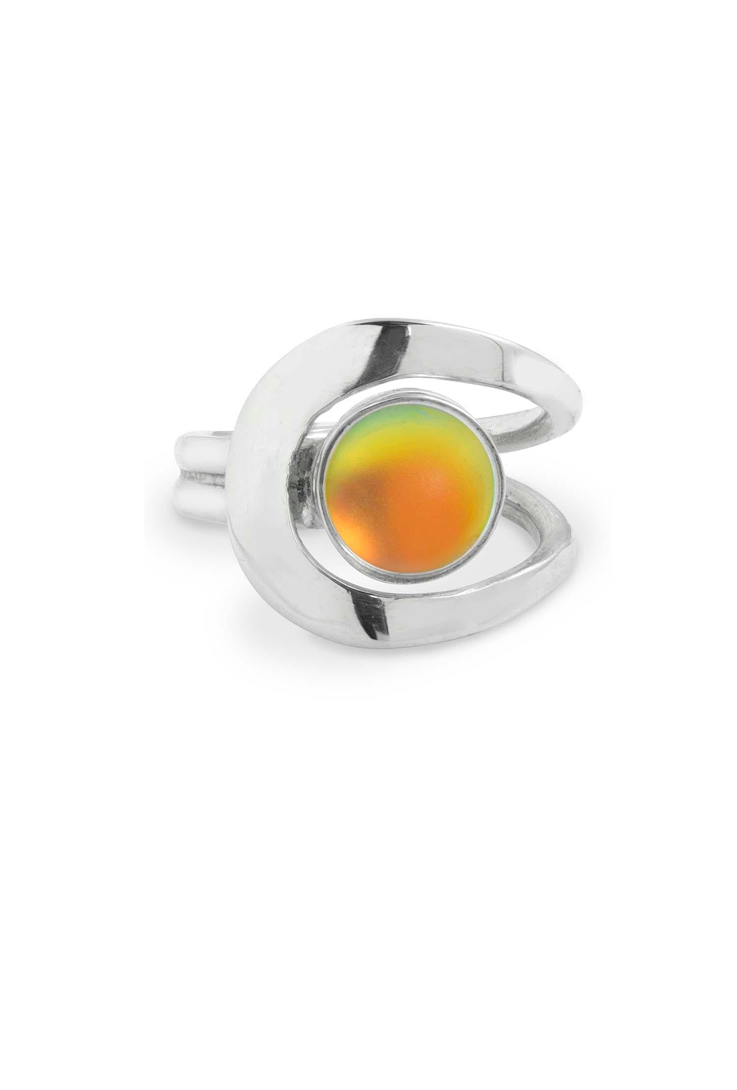 Raima Ring features a design that is not symmetrical, yet beautifully balanced. Crafted from sturdy sterling silver with frosted fire stone, this ring is adjustable, allowing you to customize the fit starting at size 7.5.