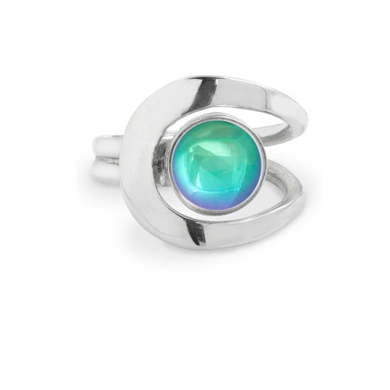 Raima Ring features a design that is not symmetrical, yet beautifully balanced. Crafted from sturdy sterling silver with polished aqua stone, this ring is adjustable, allowing you to customize the fit starting at size 7.5.