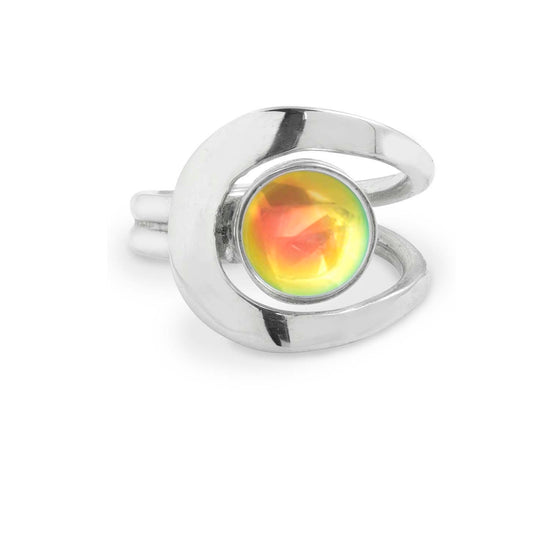 Raima Ring features a design that is not symmetrical, yet beautifully balanced. Crafted from sturdy sterling silver with polished fire stone, this ring is adjustable, allowing you to customize the fit starting at size 7.5.
