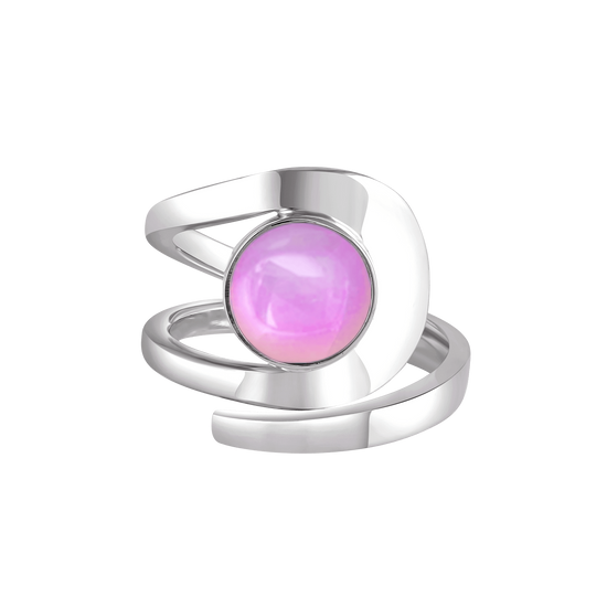 Raima Ring features a design that is not symmetrical, yet beautifully balanced. Crafted from sturdy sterling silver with polished pink stone, this ring is adjustable, allowing you to customize the fit starting at size 7.5.