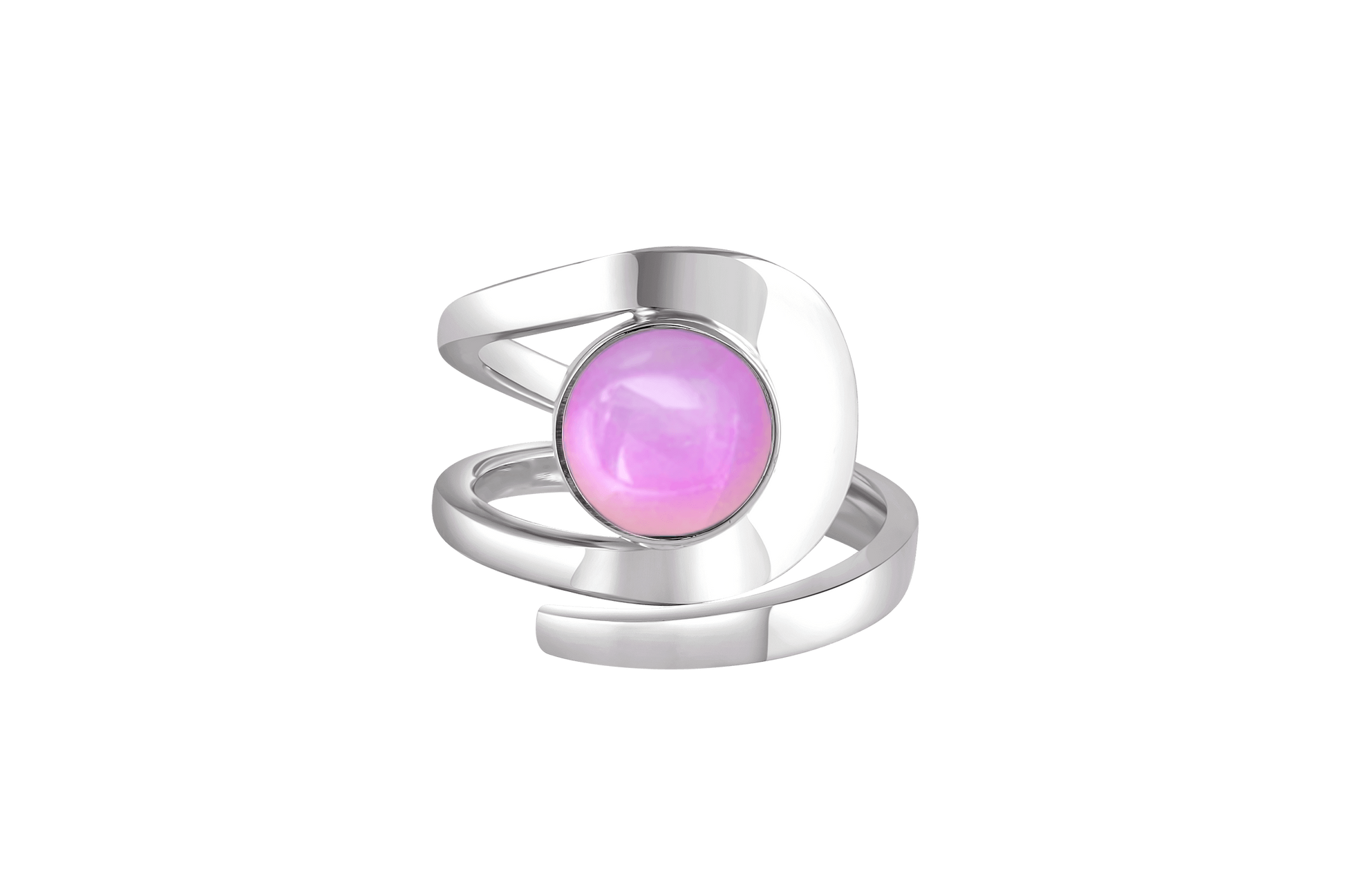 Raima Ring features a design that is not symmetrical, yet beautifully balanced. Crafted from sturdy sterling silver with polished pink stone, this ring is adjustable, allowing you to customize the fit starting at size 7.5.