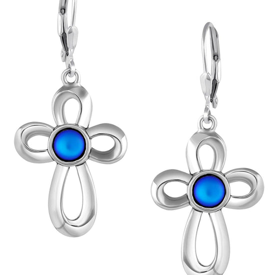 Ribbon Cross Earrings feature lever-back components that add a touch of elegance to the traditional cross design.  At the center, our signature color-changing frosted blue crystal beautifully enhances this classic religious symbol. These earrings are crafted from high-quality sterling silver, ensuring durability and shine. 