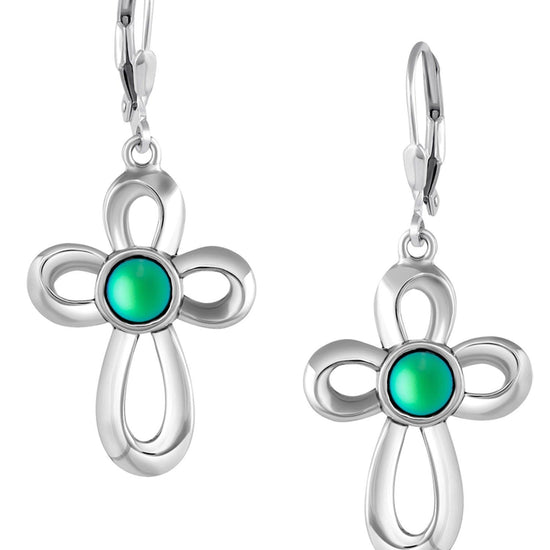Ribbon Cross Earrings feature lever-back components that add a touch of elegance to the traditional cross design.  At the center, our signature color-changing frosted green crystal beautifully enhances this classic religious symbol. These earrings are crafted from high-quality sterling silver, ensuring durability and shine. 