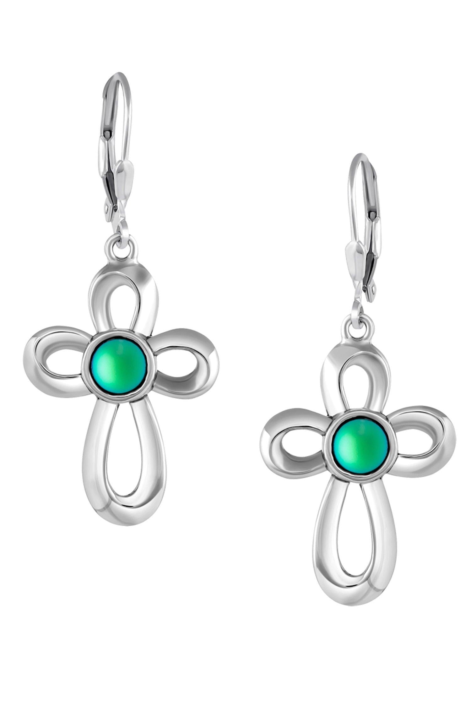 Ribbon Cross Earrings feature lever-back components that add a touch of elegance to the traditional cross design.  At the center, our signature color-changing frosted green crystal beautifully enhances this classic religious symbol. These earrings are crafted from high-quality sterling silver, ensuring durability and shine. 
