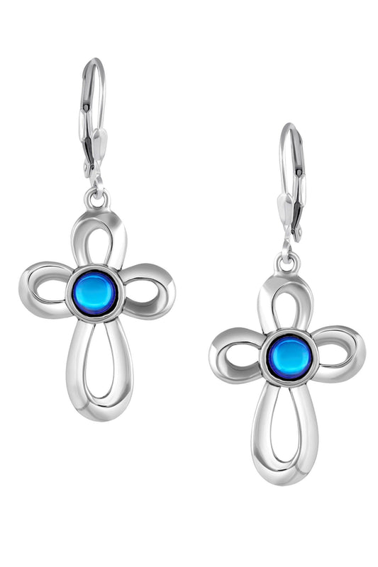 Ribbon Cross Earrings feature lever-back components that add a touch of elegance to the traditional cross design.  At the center, our signature color-changing polished blue crystal beautifully enhances this classic religious symbol. These earrings are crafted from high-quality sterling silver, ensuring durability and shine. 