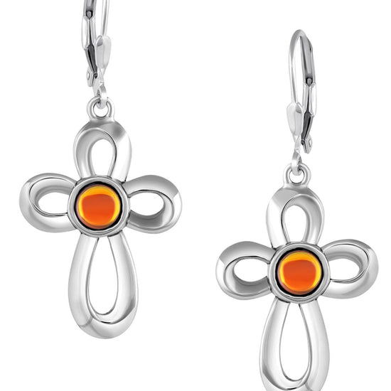 Ribbon Cross Earrings feature lever-back components that add a touch of elegance to the traditional cross design.  At the center, our signature color-changing polished fire crystal beautifully enhances this classic religious symbol. These earrings are crafted from high-quality sterling silver, ensuring durability and shine. 