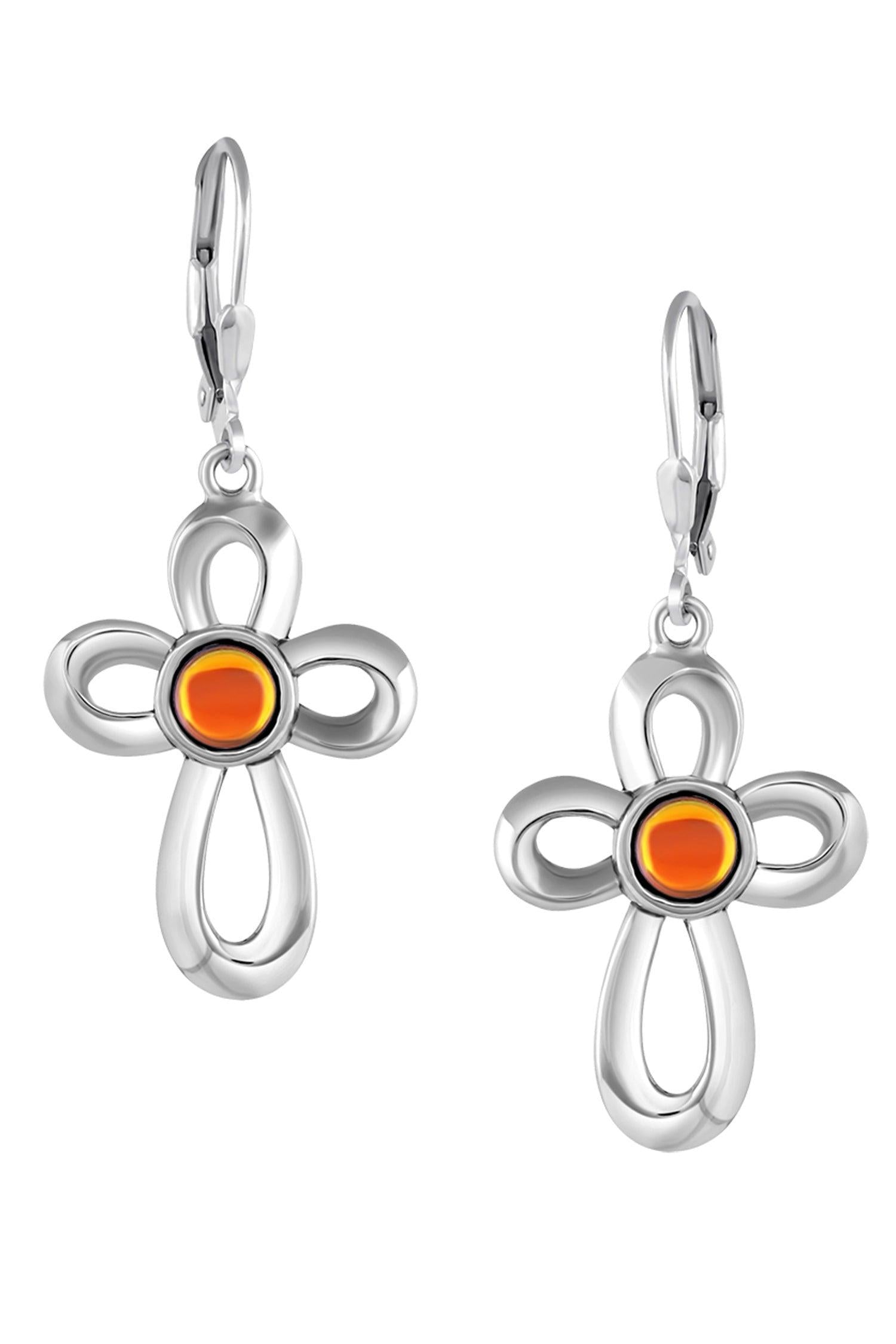 Ribbon Cross Earrings feature lever-back components that add a touch of elegance to the traditional cross design.  At the center, our signature color-changing polished fire crystal beautifully enhances this classic religious symbol. These earrings are crafted from high-quality sterling silver, ensuring durability and shine. 