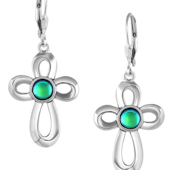 Ribbon Cross Earrings feature lever-back components that add a touch of elegance to the traditional cross design.  At the center, our signature color-changing polished green crystal beautifully enhances this classic religious symbol. These earrings are crafted from high-quality sterling silver, ensuring durability and shine. 
