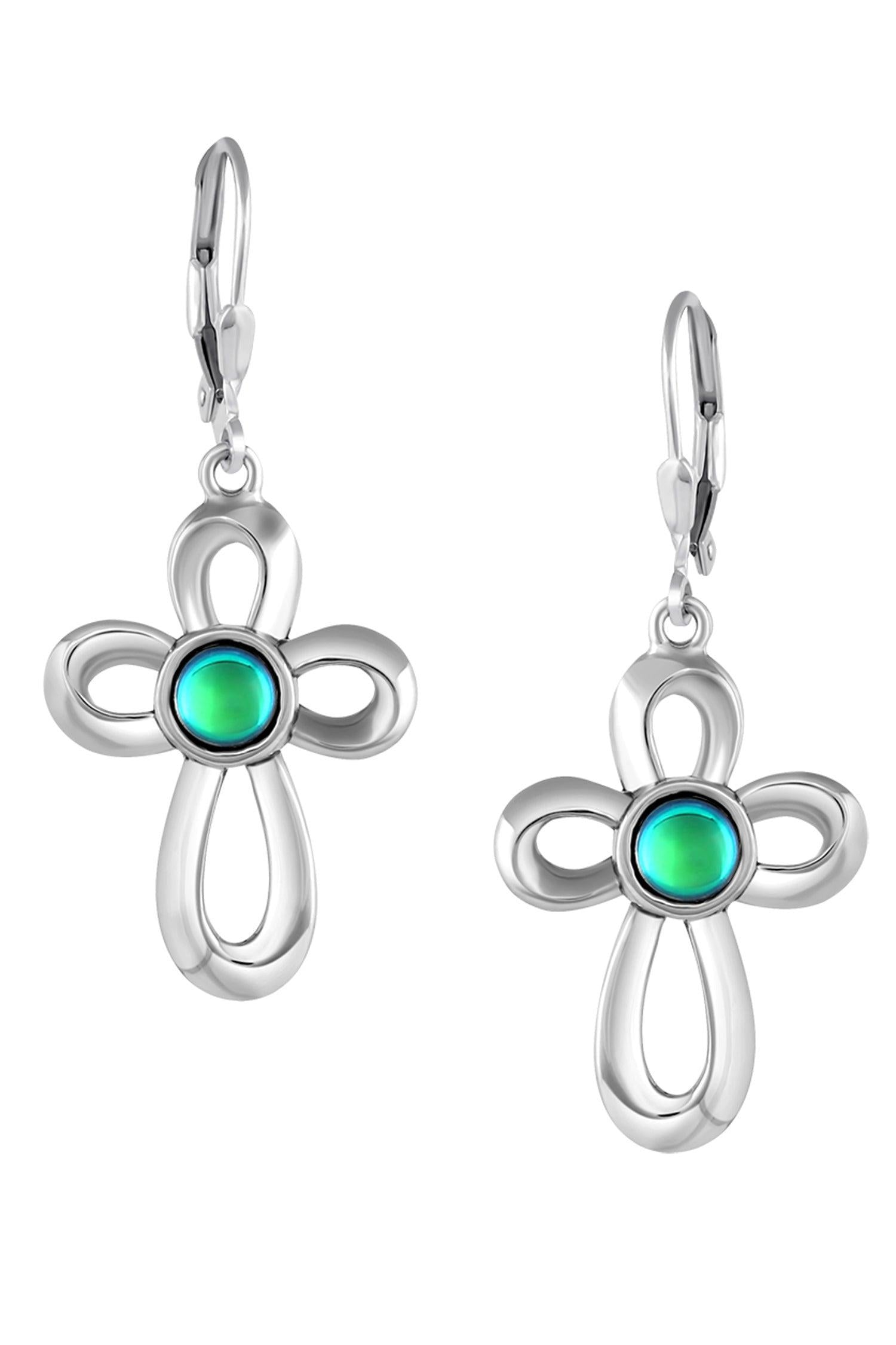 Ribbon Cross Earrings feature lever-back components that add a touch of elegance to the traditional cross design.  At the center, our signature color-changing polished green crystal beautifully enhances this classic religious symbol. These earrings are crafted from high-quality sterling silver, ensuring durability and shine. 