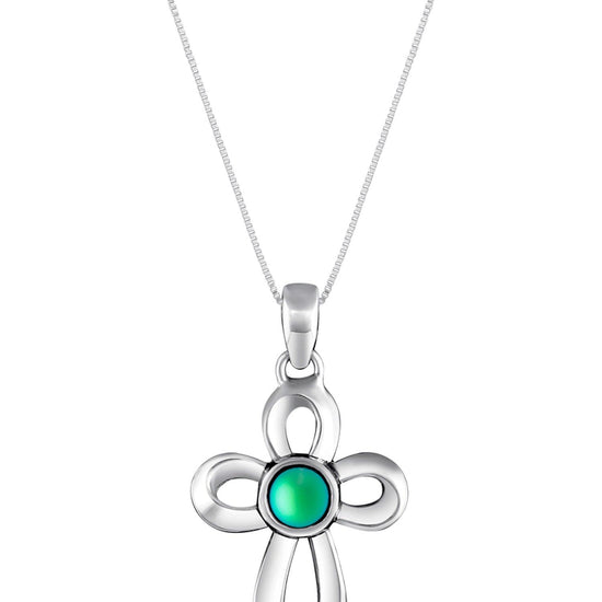 Ribbon Cross Pendant features a beautifully crafted design that adds a touch of elegance to the traditional cross, creating an eye-catching look.  At the center, our signature color-changing frosted green crystal beautifully enhances this classic religious symbol. These earrings are crafted from high-quality sterling silver, ensuring durability and shine. 