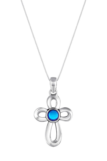 Ribbon Cross Pendant features a beautifully crafted design that adds a touch of elegance to the traditional cross, creating an eye-catching look.  At the center, our signature color-changing polished blue crystal beautifully enhances this classic religious symbol. These earrings are crafted from high-quality sterling silver, ensuring durability and shine. 