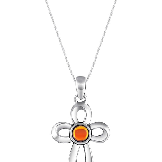 Ribbon Cross Pendant features a beautifully crafted design that adds a touch of elegance to the traditional cross, creating an eye-catching look.  At the center, our signature color-changing polished fire crystal beautifully enhances this classic religious symbol. These earrings are crafted from high-quality sterling silver, ensuring durability and shine. 