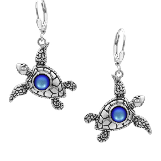 Sea Turtle Earrings, inspired by the Hawaiian Turtle, known as Honu. Crafted from sterling silver, these earrings with frosted blue stone beautifully showcase your love for the ocean.