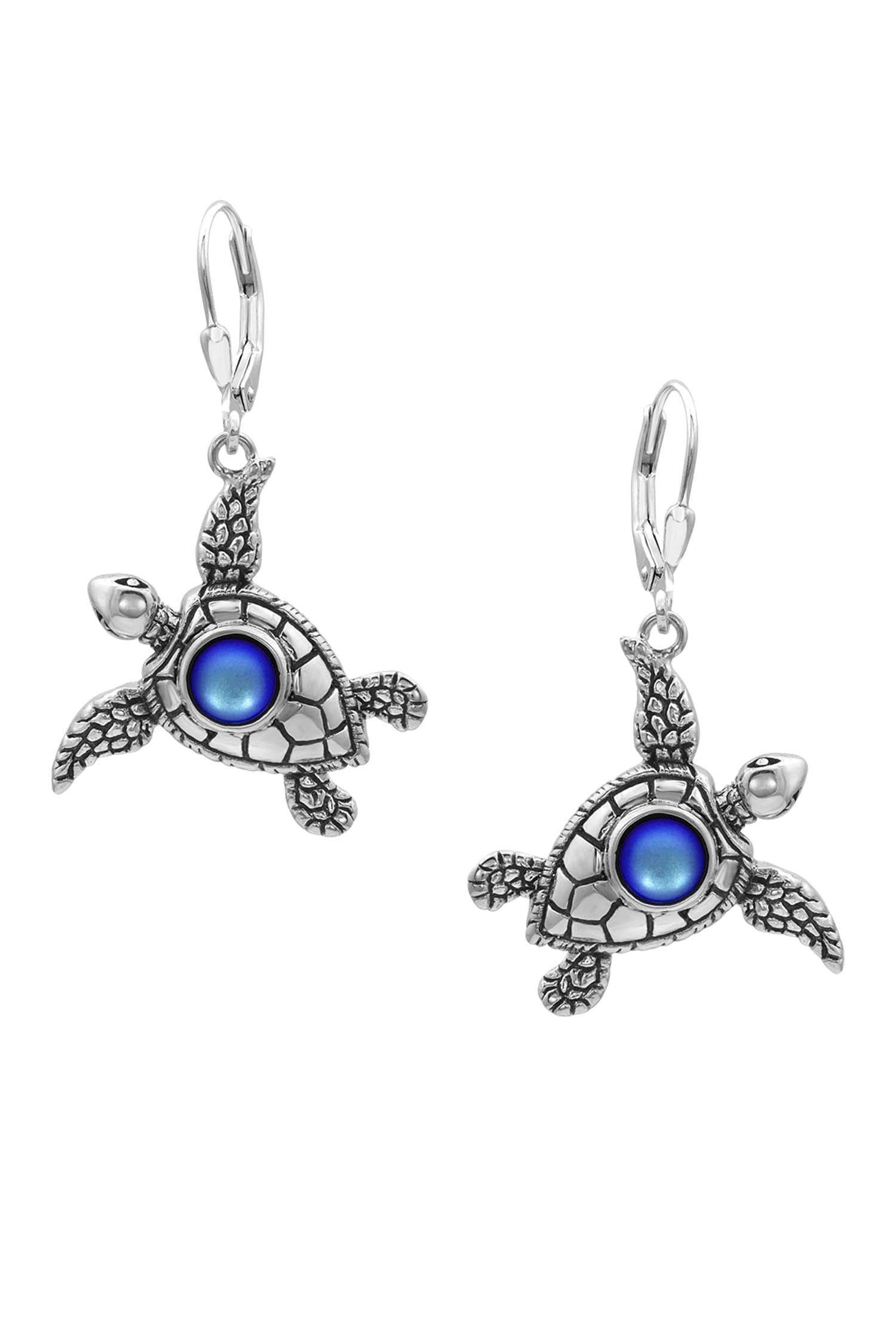 Sea Turtle Earrings, inspired by the Hawaiian Turtle, known as Honu. Crafted from sterling silver, these earrings with frosted blue stone beautifully showcase your love for the ocean.