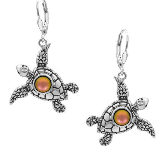 Sea Turtle Earrings, inspired by the Hawaiian Turtle, known as Honu. Crafted from sterling silver, these earrings with frosted fire stone beautifully showcase your love for the ocean.