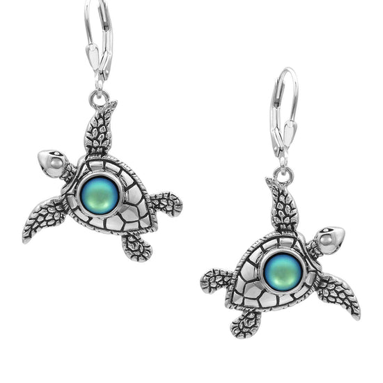 Sea Turtle Earrings, inspired by the Hawaiian Turtle, known as Honu. Crafted from sterling silver, these earrings with frosted green stone beautifully showcase your love for the ocean.