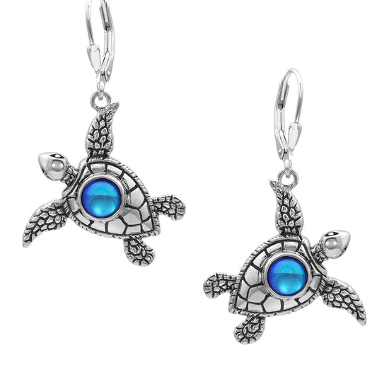 Sea Turtle Earrings, inspired by the Hawaiian Turtle, known as Honu. Crafted from sterling silver, these earrings with polished blue stone beautifully showcase your love for the ocean.