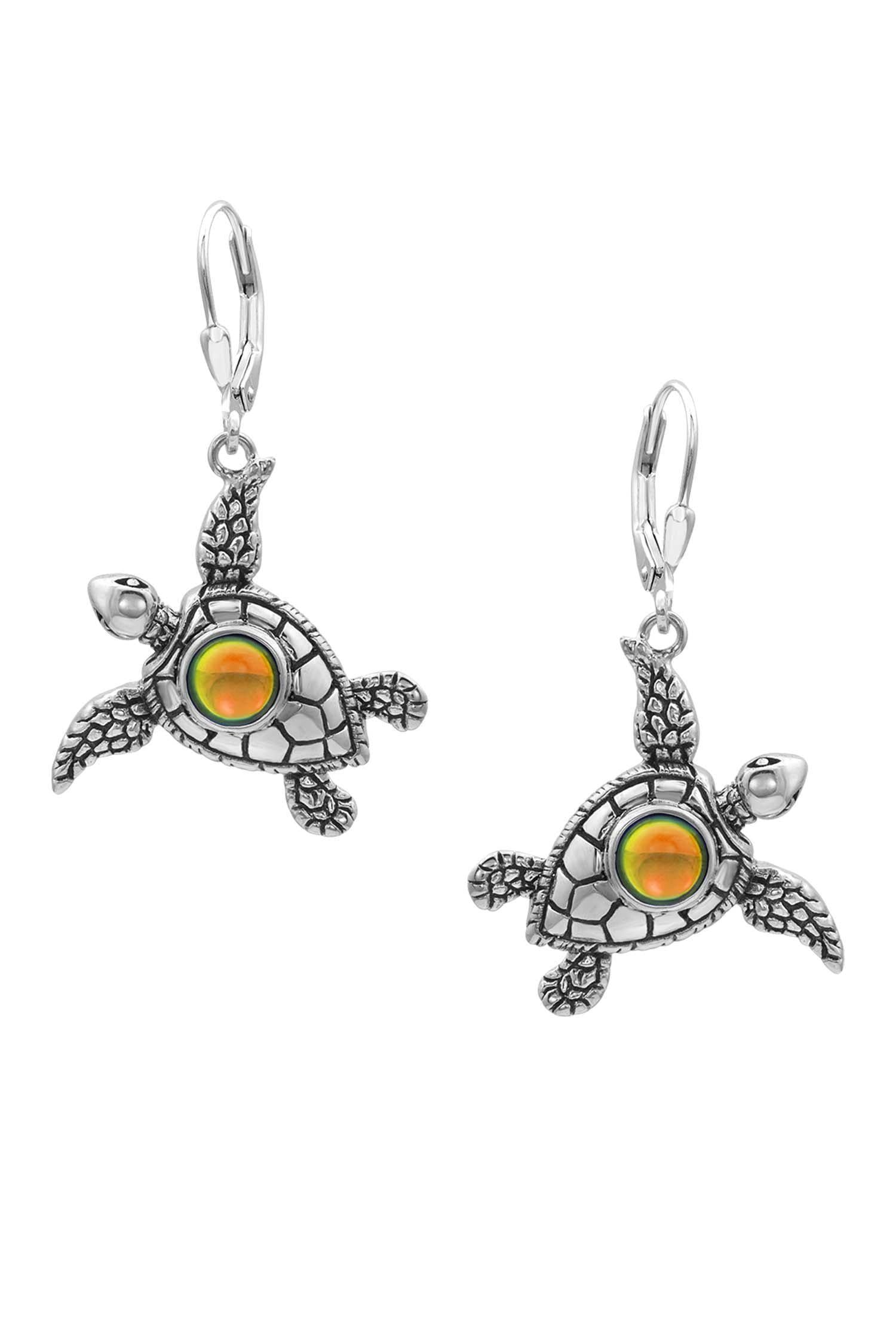 Sea Turtle Earrings, inspired by the Hawaiian Turtle, known as Honu. Crafted from sterling silver, these earrings with polished fire stone beautifully showcase your love for the ocean.
