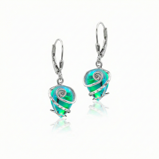 Single Wire Wrap Earrings crafted with sterling silver strands,  these earrings elegantly surround sparkling polished green crystal drops.