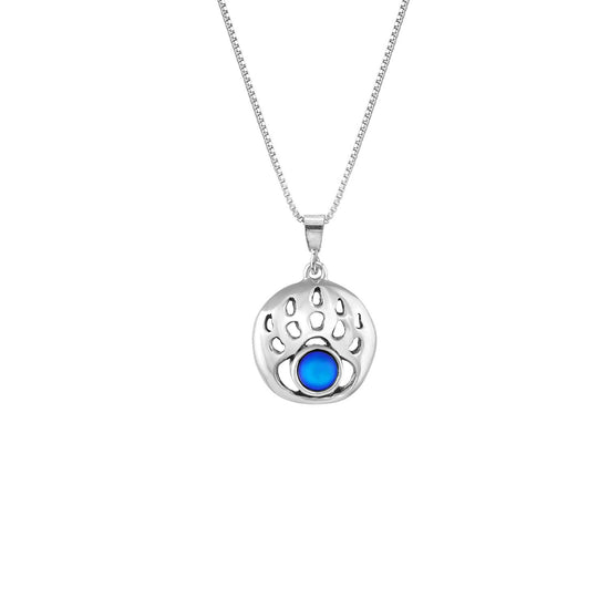 Small Bear Paw Pendant crafted from high-quality sterling silver. The pendant with frosted blue stone comes with an 18” sterling silver .7mm box chain, providing a comfortable fit