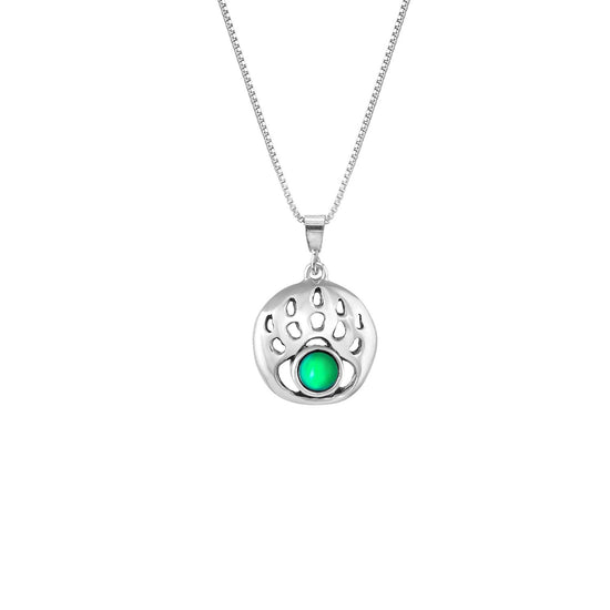 Small Bear Paw Pendant crafted from high-quality sterling silver. The pendant with frosted green stone comes with an 18” sterling silver .7mm box chain, providing a comfortable fit