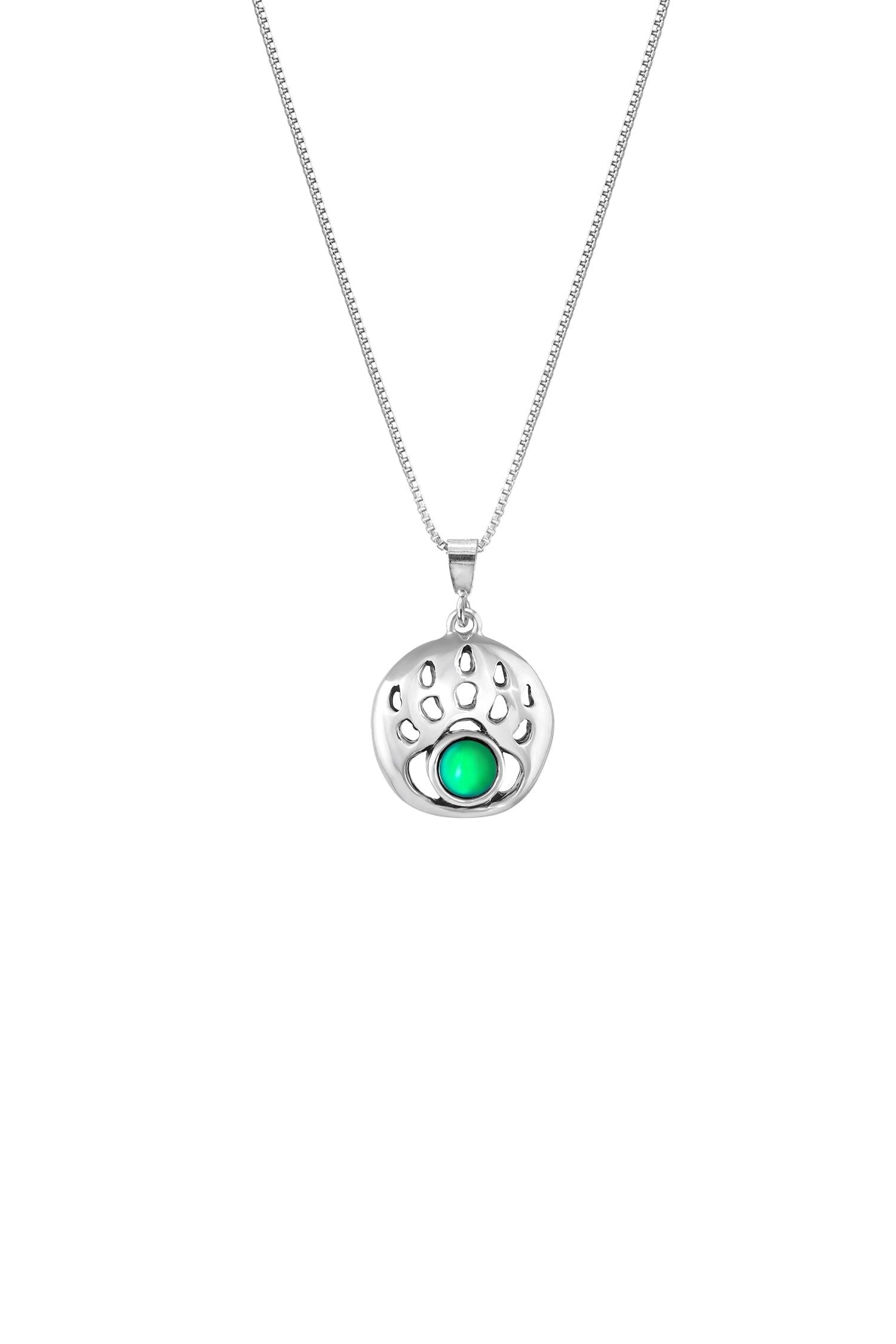 Small Bear Paw Pendant crafted from high-quality sterling silver. The pendant with frosted green stone comes with an 18” sterling silver .7mm box chain, providing a comfortable fit