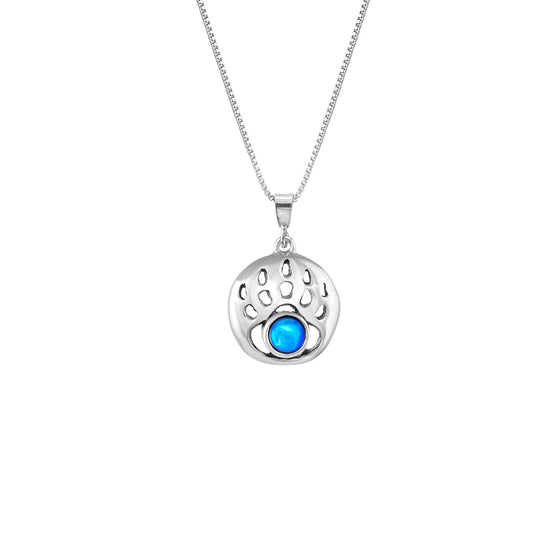 Small Bear Paw Pendant crafted from high-quality sterling silver. The pendant with polished blue stone comes with an 18” sterling silver .7mm box chain, providing a comfortable fit