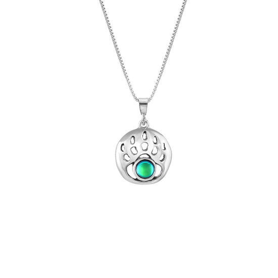 Small Bear Paw Pendant crafted from high-quality sterling silver. The pendant with polished green stone comes with an 18” sterling silver .7mm box chain, providing a comfortable fit