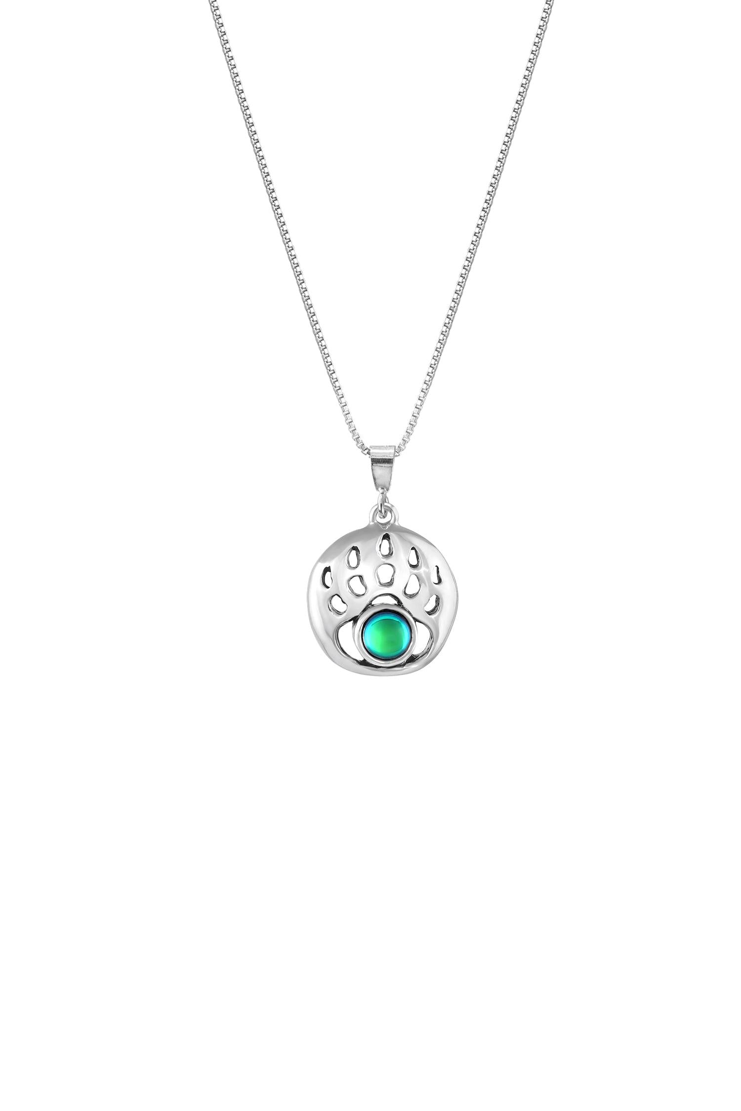 Small Bear Paw Pendant crafted from high-quality sterling silver. The pendant with polished green stone comes with an 18” sterling silver .7mm box chain, providing a comfortable fit