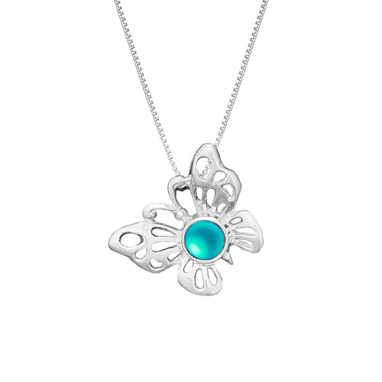 Small Butterfly Pendant crafted with exquisite attention to detail, showcasing a beautiful sterling silver butterfly design with frosted aqua stone that symbolizes transformation and beauty. Comes with an 18" sterling silver .7mm box chain included, ensuring a ready-to-wear accessory.