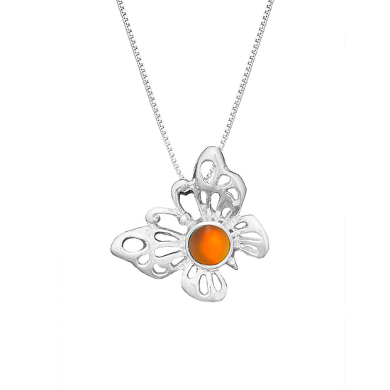 Small Butterfly Pendant crafted with exquisite attention to detail, showcasing a beautiful sterling silver butterfly design with frosted fire stone that symbolizes transformation and beauty. Comes with an 18" sterling silver .7mm box chain included, ensuring a ready-to-wear accessory.