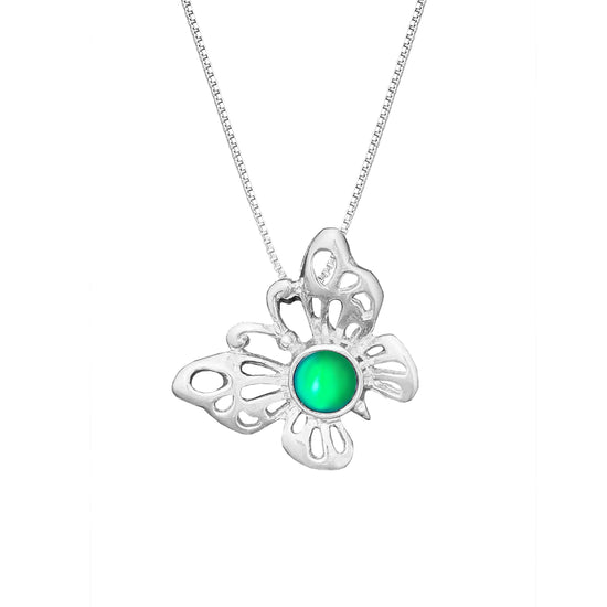 Small Butterfly Pendant crafted with exquisite attention to detail, showcasing a beautiful sterling silver butterfly design with frosted green stone that symbolizes transformation and beauty. Comes with an 18" sterling silver .7mm box chain included, ensuring a ready-to-wear accessory.