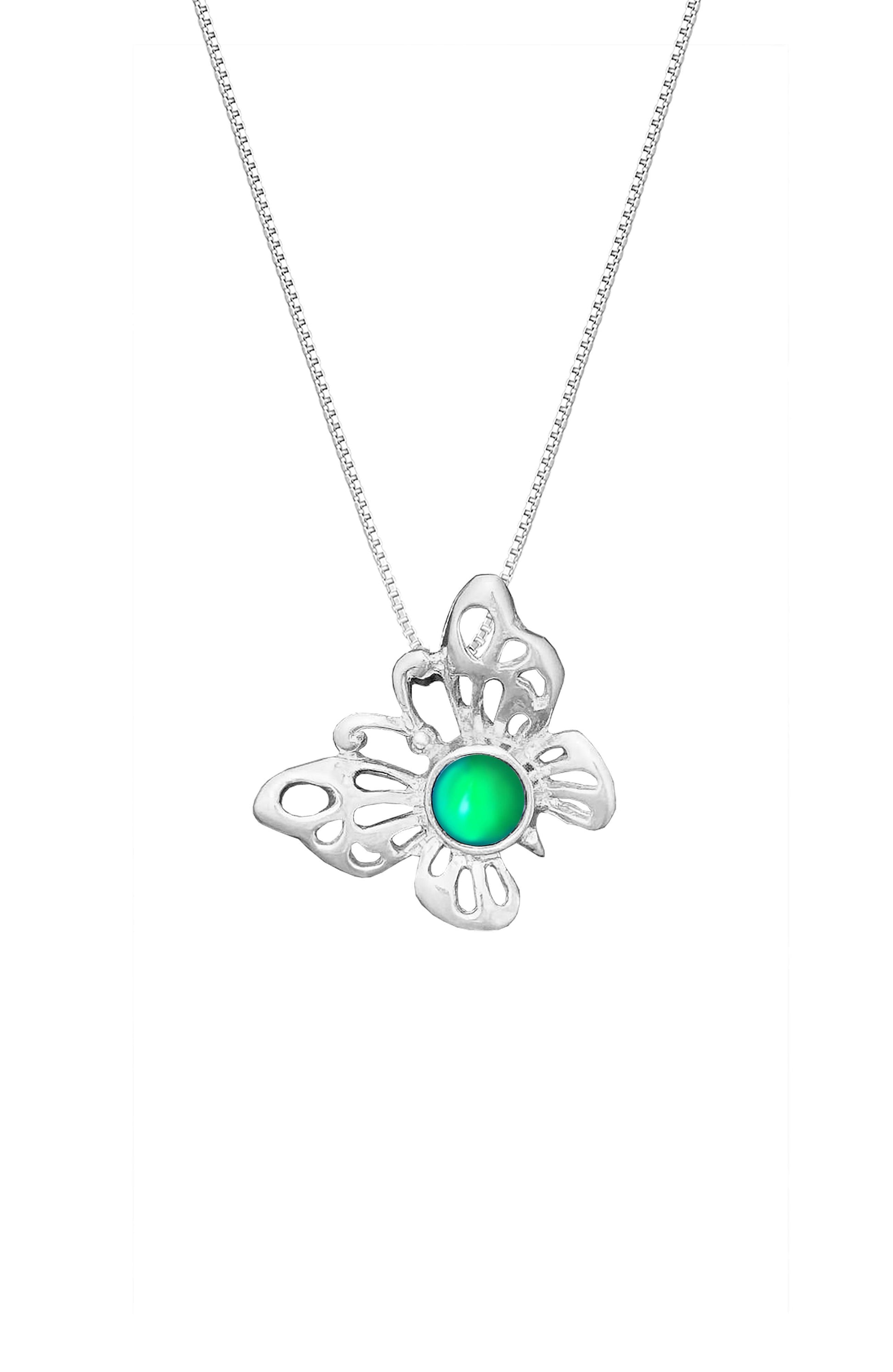 Small Butterfly Pendant crafted with exquisite attention to detail, showcasing a beautiful sterling silver butterfly design with frosted green stone that symbolizes transformation and beauty. Comes with an 18" sterling silver .7mm box chain included, ensuring a ready-to-wear accessory.