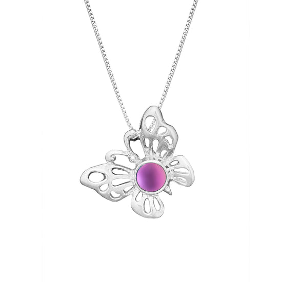 Small Butterfly Pendant crafted with exquisite attention to detail, showcasing a beautiful sterling silver butterfly design with frosted pink stone that symbolizes transformation and beauty. Comes with an 18" sterling silver .7mm box chain included, ensuring a ready-to-wear accessory.