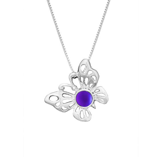 Small Butterfly Pendant crafted with exquisite attention to detail, showcasing a beautiful sterling silver butterfly design with frosted violet stone that symbolizes transformation and beauty. Comes with an 18" sterling silver .7mm box chain included, ensuring a ready-to-wear accessory.