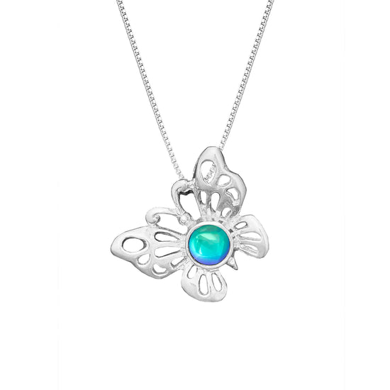 Small Butterfly Pendant crafted with exquisite attention to detail, showcasing a beautiful sterling silver butterfly design with polished aqua stone that symbolizes transformation and beauty. Comes with an 18" sterling silver .7mm box chain included, ensuring a ready-to-wear accessory.