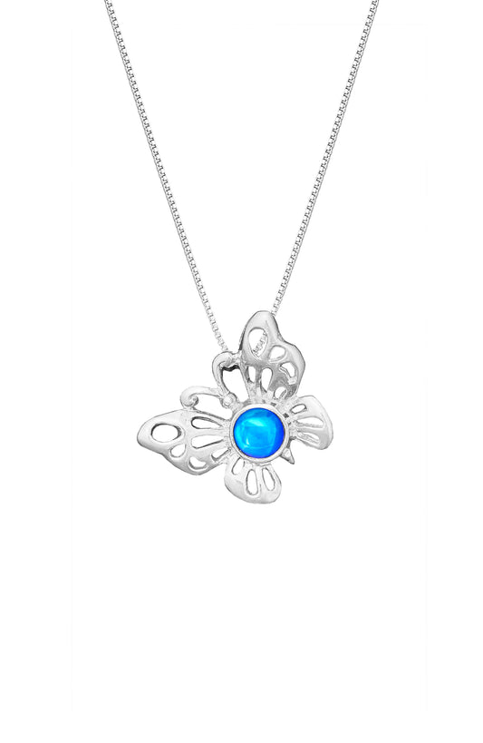 Small Butterfly Pendant crafted with exquisite attention to detail, showcasing a beautiful sterling silver butterfly design with polished blue stone that symbolizes transformation and beauty. Comes with an 18" sterling silver .7mm box chain included, ensuring a ready-to-wear accessory.