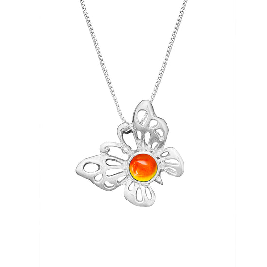 Small Butterfly Pendant crafted with exquisite attention to detail, showcasing a beautiful sterling silver butterfly design with polished fire stone that symbolizes transformation and beauty. Comes with an 18" sterling silver .7mm box chain included, ensuring a ready-to-wear accessory.
