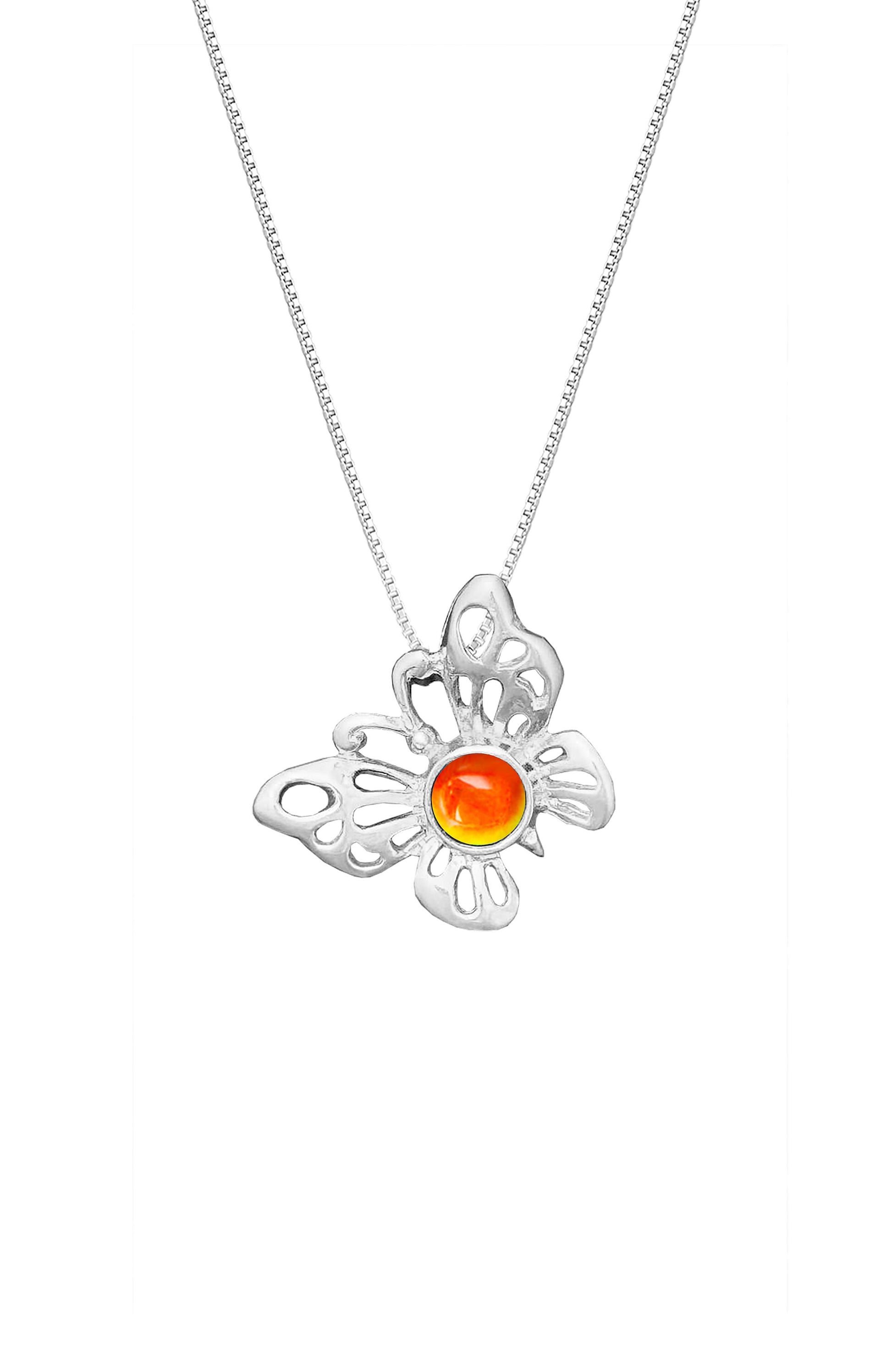 Small Butterfly Pendant crafted with exquisite attention to detail, showcasing a beautiful sterling silver butterfly design with polished fire stone that symbolizes transformation and beauty. Comes with an 18" sterling silver .7mm box chain included, ensuring a ready-to-wear accessory.