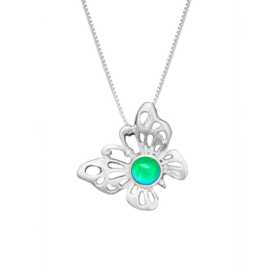 Small Butterfly Pendant crafted with exquisite attention to detail, showcasing a beautiful sterling silver butterfly design with polished green stone that symbolizes transformation and beauty. Comes with an 18" sterling silver .7mm box chain included, ensuring a ready-to-wear accessory.