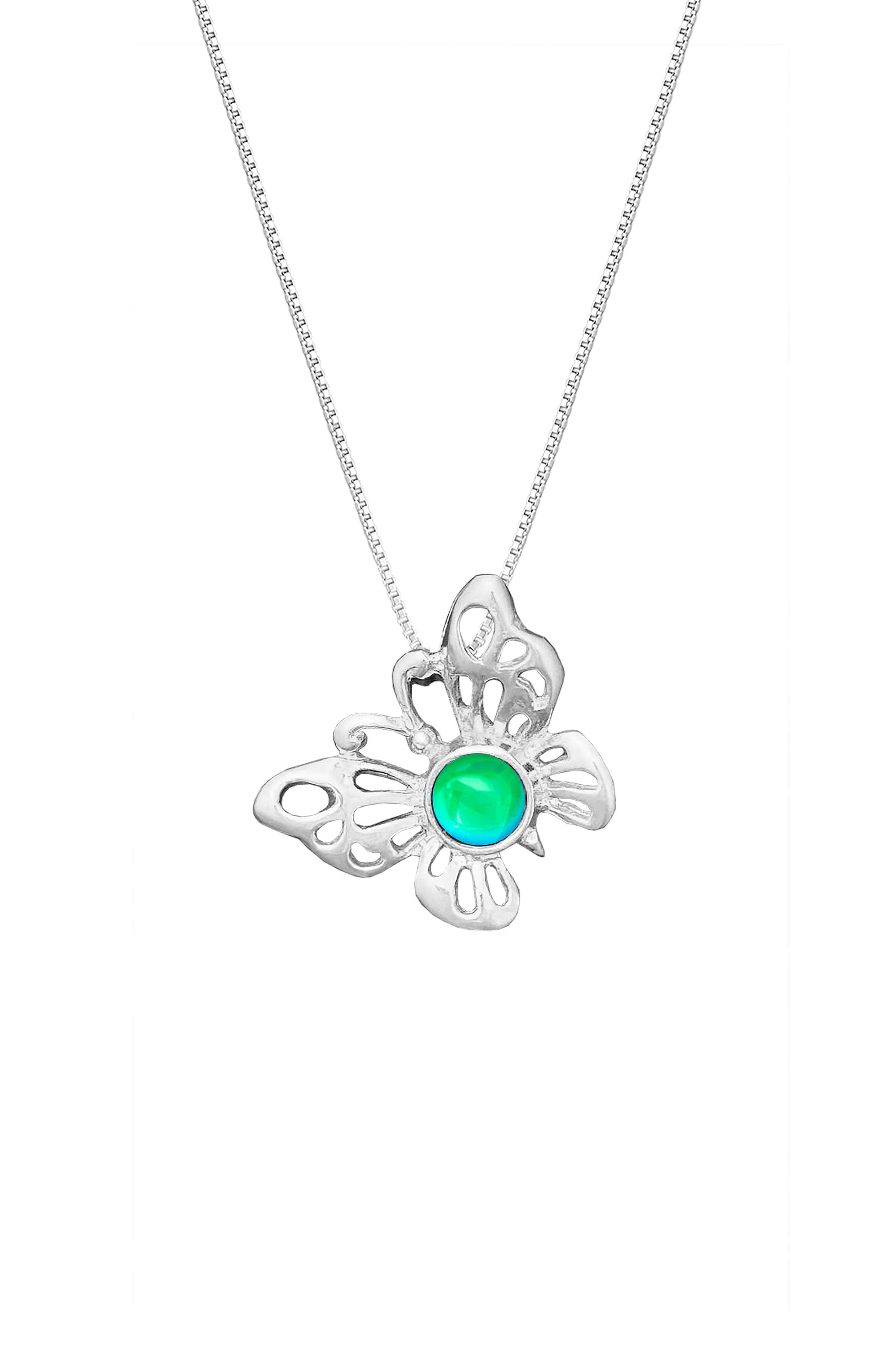 Small Butterfly Pendant crafted with exquisite attention to detail, showcasing a beautiful sterling silver butterfly design with polished green stone that symbolizes transformation and beauty. Comes with an 18" sterling silver .7mm box chain included, ensuring a ready-to-wear accessory.