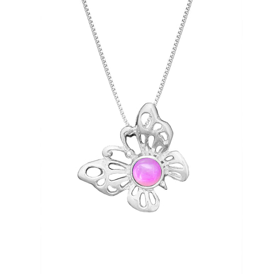 Small Butterfly Pendant crafted with exquisite attention to detail, showcasing a beautiful sterling silver butterfly design with polished pink stone that symbolizes transformation and beauty. Comes with an 18" sterling silver .7mm box chain included, ensuring a ready-to-wear accessory.