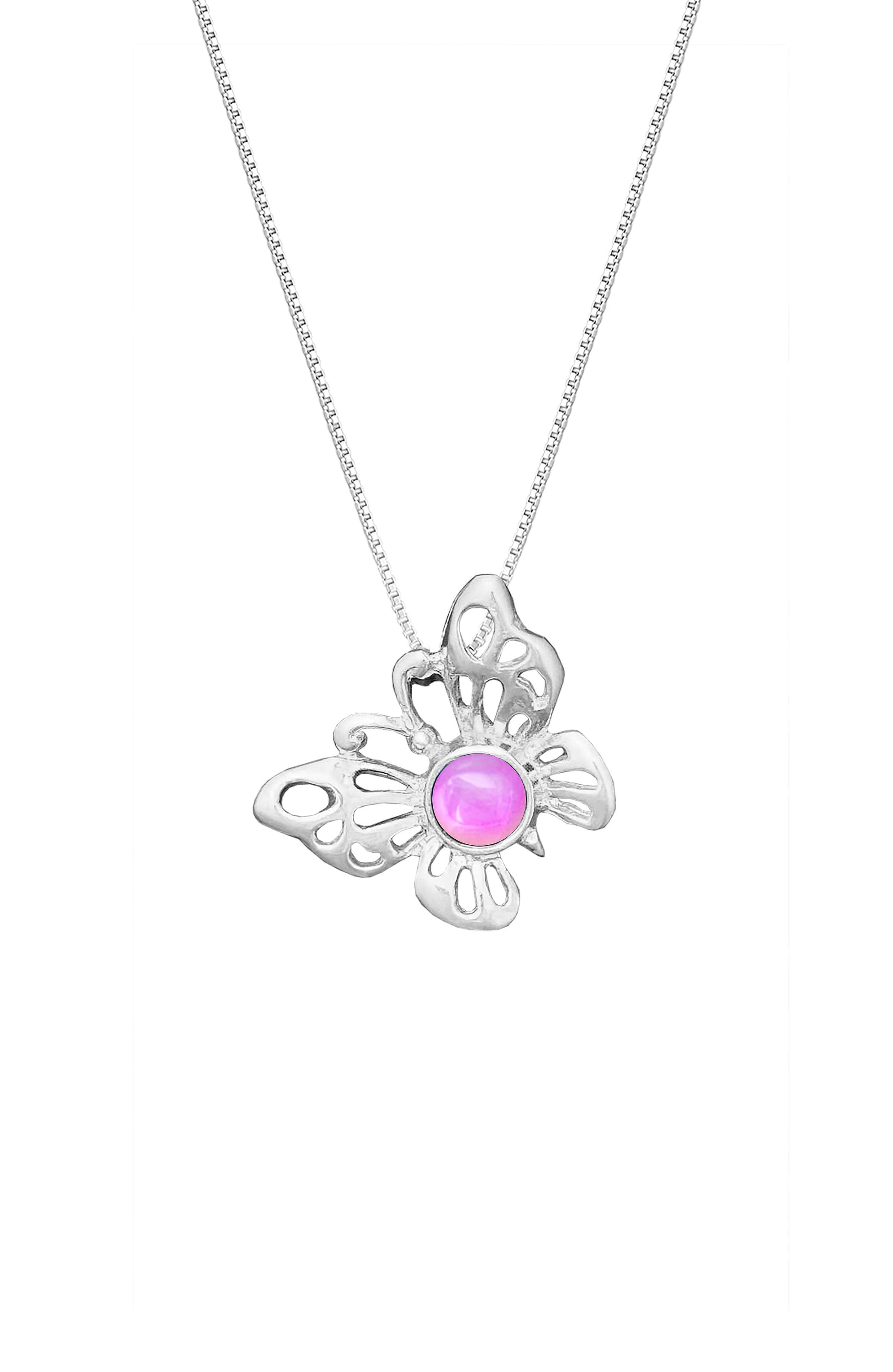 Small Butterfly Pendant crafted with exquisite attention to detail, showcasing a beautiful sterling silver butterfly design with polished pink stone that symbolizes transformation and beauty. Comes with an 18" sterling silver .7mm box chain included, ensuring a ready-to-wear accessory.