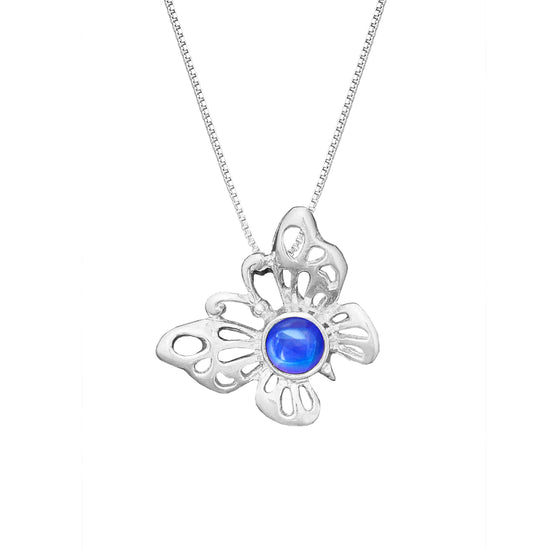Small Butterfly Pendant crafted with exquisite attention to detail, showcasing a beautiful sterling silver butterfly design with polished violet stone that symbolizes transformation and beauty. Comes with an 18" sterling silver .7mm box chain included, ensuring a ready-to-wear accessory.