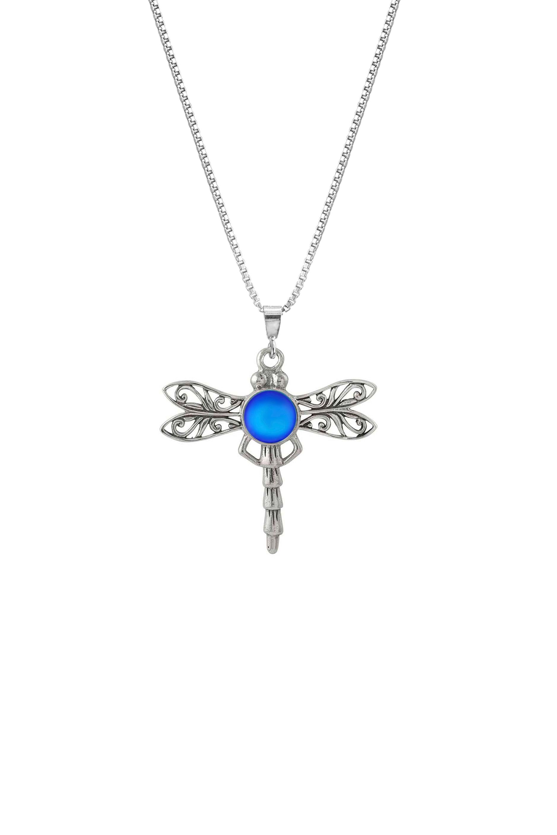 Small Dragonfly Pendant, crafted from high-quality sterling silver for durability and shine Intricate dragonfly design that symbolizes grace and transformation. Features a stunning 5mm frosted blue stone for an added touch of elegance. Comes with an 18” sterling silver box chain for a complete look