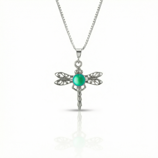 Small Dragonfly Pendant crafted from high-quality sterling silver, this pendant features a beautifully detailed dragonfly design. Adorned with a stunning 5mm frosted green stone, this pendant adds a subtle pop of color and sparkle comes with an 18” sterling silver box chain.