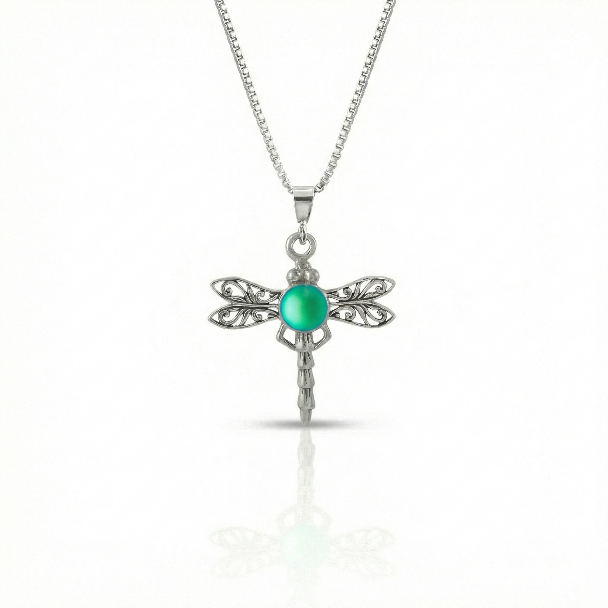 Small Dragonfly Pendant crafted from high-quality sterling silver, this pendant features a beautifully detailed dragonfly design. Adorned with a stunning 5mm frosted green stone, this pendant adds a subtle pop of color and sparkle comes with an 18” sterling silver box chain.