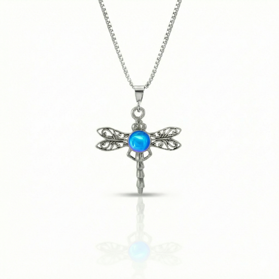 Small Dragonfly Pendant crafted from high-quality sterling silver, this pendant features a beautifully detailed dragonfly design. Adorned with a stunning 5mm polished blue stone, this pendant adds a subtle pop of color and sparkle comes with an 18” sterling silver box chain.