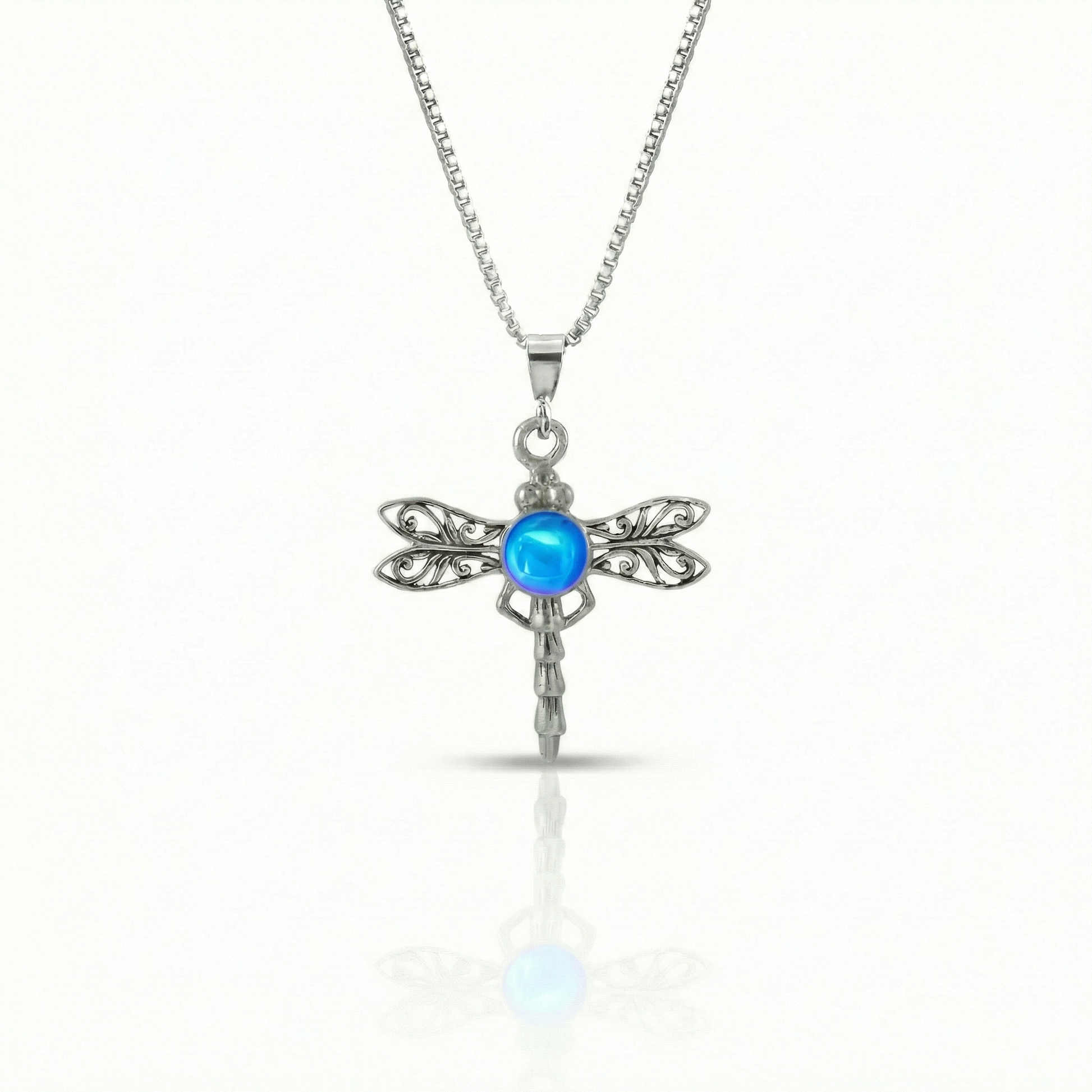 Small Dragonfly Pendant crafted from high-quality sterling silver, this pendant features a beautifully detailed dragonfly design. Adorned with a stunning 5mm polished blue stone, this pendant adds a subtle pop of color and sparkle comes with an 18” sterling silver box chain.
