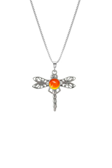 Small Dragonfly Pendant, crafted from high-quality sterling silver for durability and shine Intricate dragonfly design that symbolizes grace and transformation. Features a stunning 5mm polished fire stone for an added touch of elegance. Comes with an 18” sterling silver box chain for a complete look
